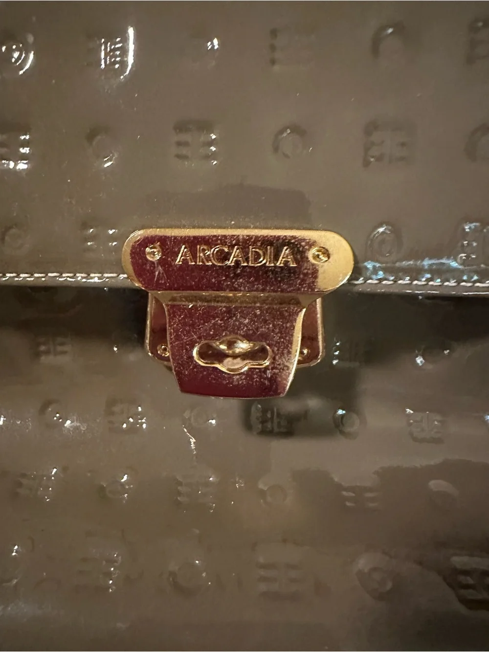 Arcadia Olive Patent Satchel with Red-Trim Handles